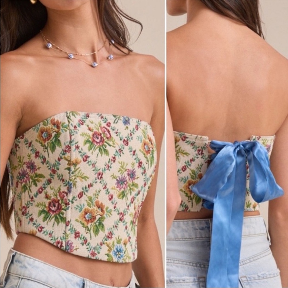 Altar'd State Floral Strapless Crop Top with Blue Bow
